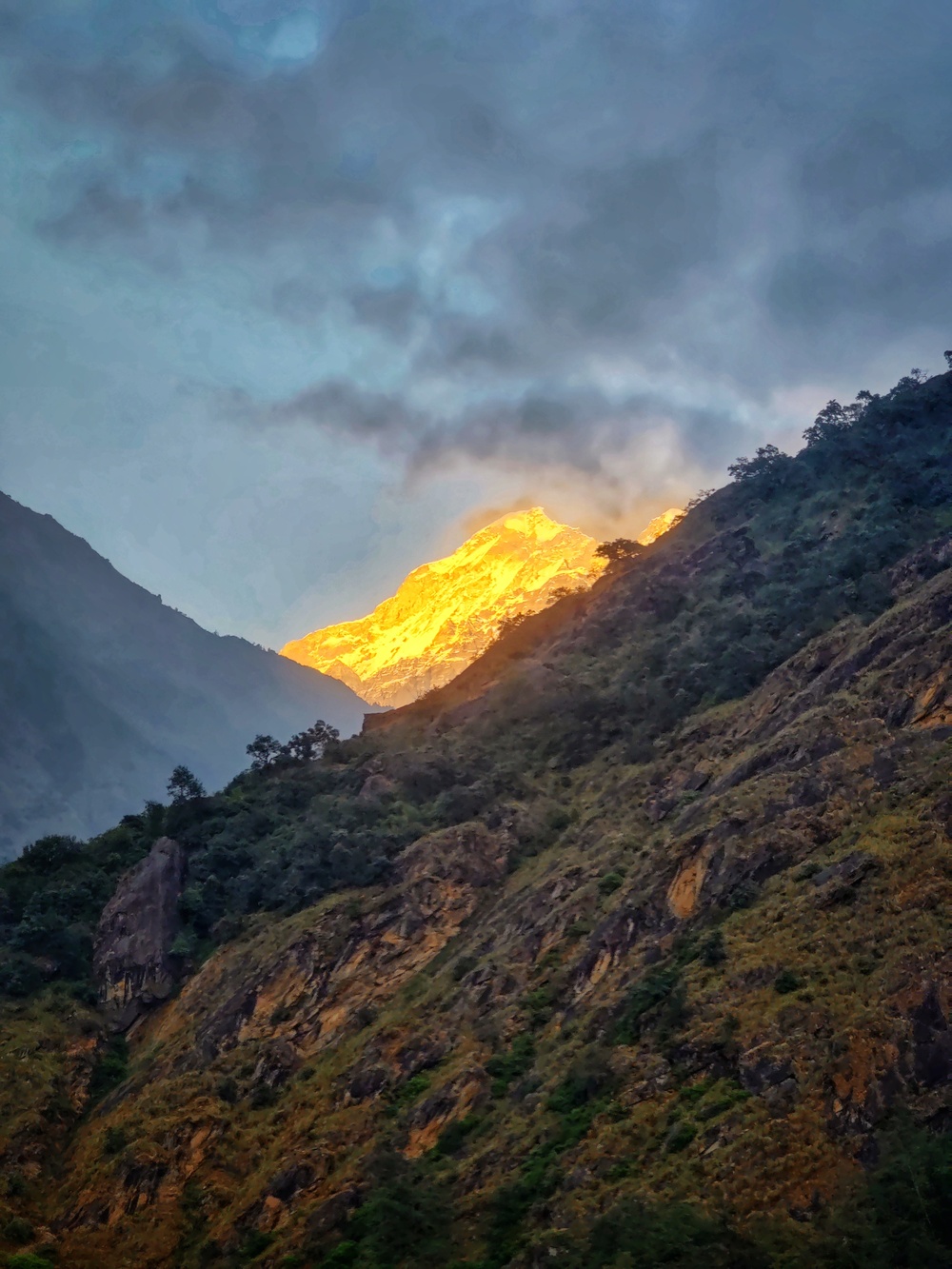 Mount Gaurishankar illuminated by the last rays of the day's sunlight